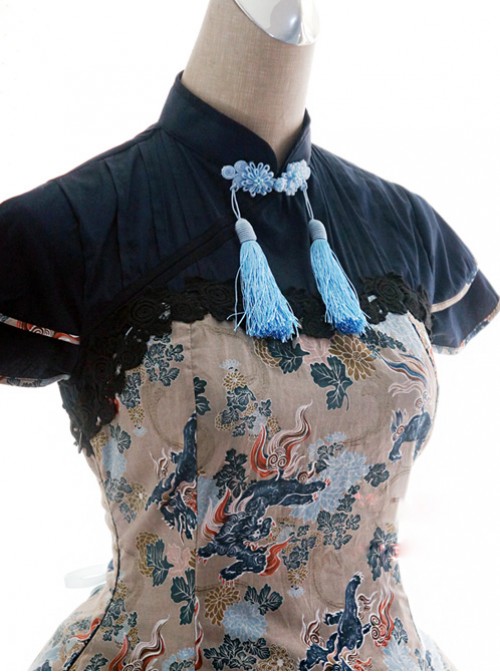 Chinese Style Kirin Printing Dark Blue Qi Lolita Short Sleeve Dress