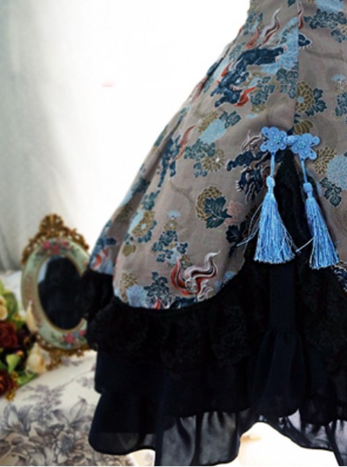 Chinese Style Kirin Printing Dark Blue Qi Lolita Short Sleeve Dress