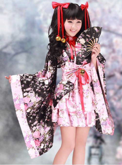 Black And Pink Long Sleeves V-Neck Kimono Cosplay Lolita Dress