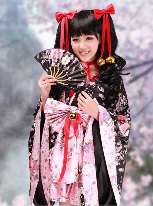 Black And Pink Long Sleeves V-Neck Kimono Cosplay Lolita Dress