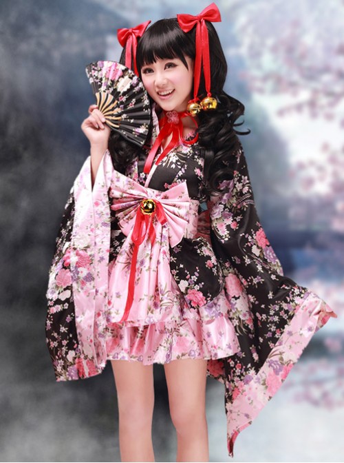 Black And Pink Long Sleeves V-Neck Kimono Cosplay Lolita Dress