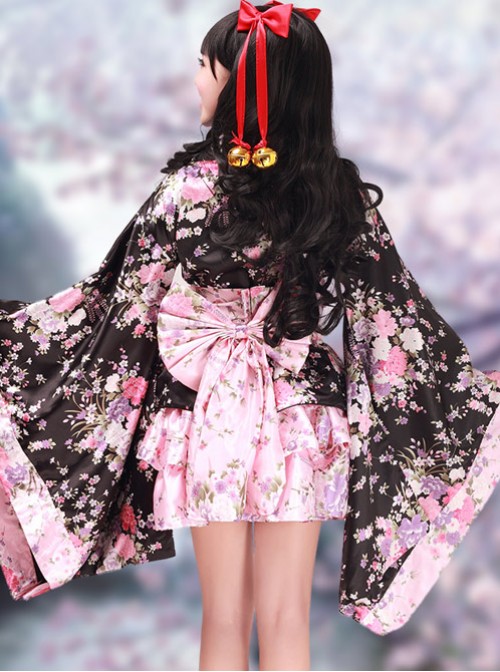 Black And Pink Long Sleeves V-Neck Kimono Cosplay Lolita Dress