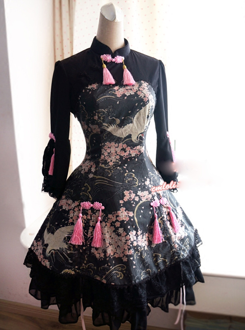 Cotton Chinese Style Printing Standing Collar Tassel Bowknot Qi Lolita Seventh Sleeves Dress