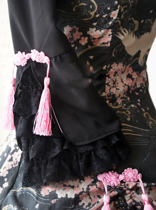 Cotton Chinese Style Printing Standing Collar Tassel Bowknot Qi Lolita Seventh Sleeves Dress