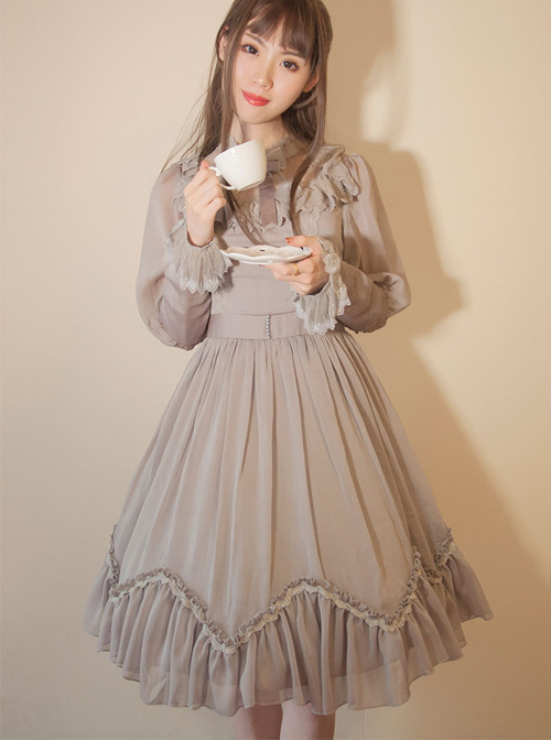 Retro Palace Slim Lace Long Style Classic Lolita Long Sleeve Dress