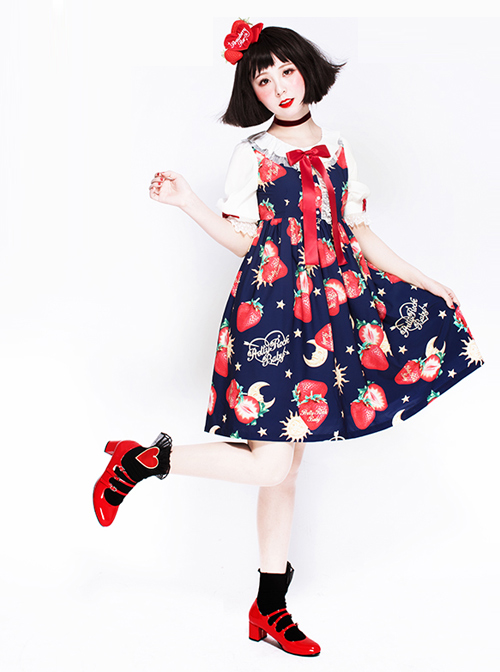 Strawberries Floating In The Universe Series Sweet Lolita High Waist Half Sleeve Dress