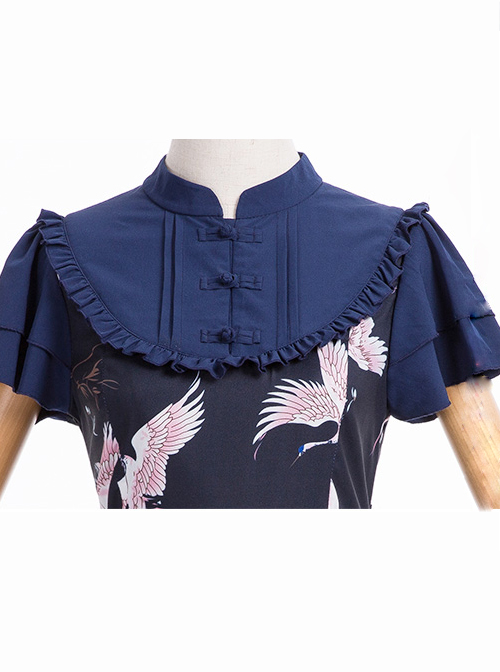 Dark Blue Retro Chinese Style Classic Lolita Short Sleeve Dress