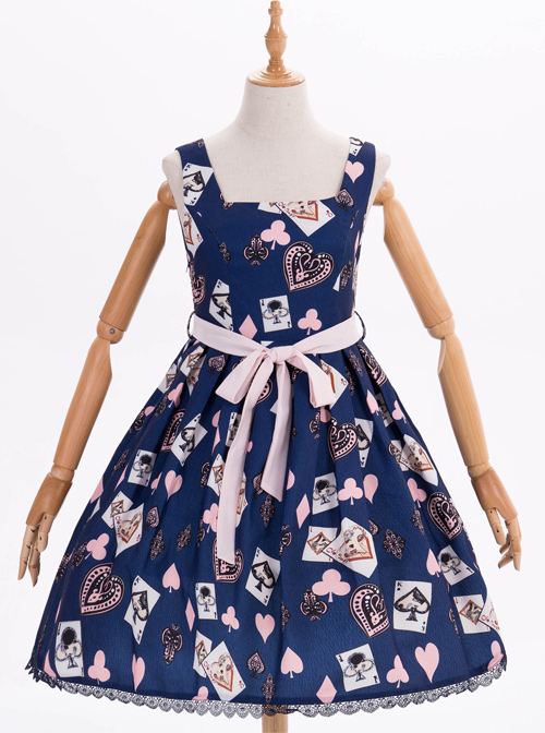 Dark Blue Chiffon Poker Printing Classic Lolita Sling Dress