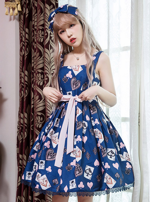 Dark Blue Chiffon Poker Printing Classic Lolita Sling Dress
