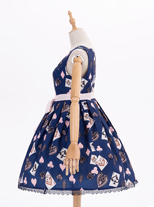 Dark Blue Chiffon Poker Printing Classic Lolita Sling Dress