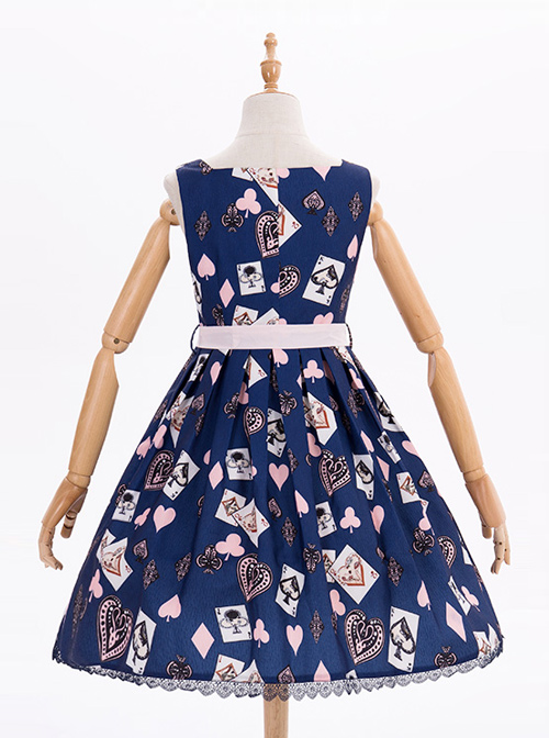 Dark Blue Chiffon Poker Printing Classic Lolita Sling Dress