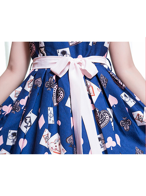 Dark Blue Chiffon Poker Printing Classic Lolita Sling Dress