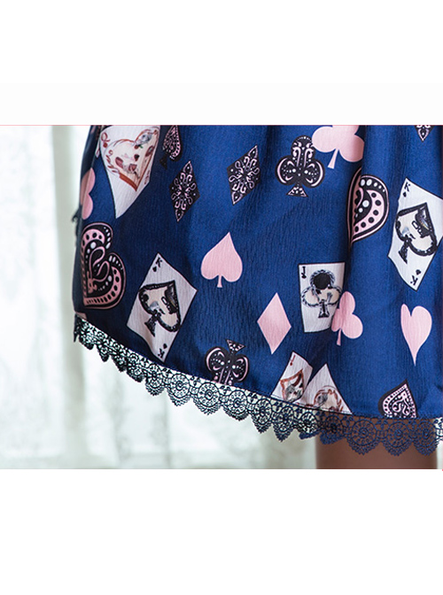 Dark Blue Chiffon Poker Printing Classic Lolita Sling Dress