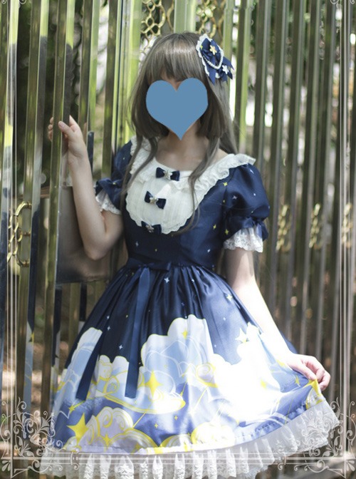 Magic Tea Party Starry Sky Series Dark Blue Sweet Lolita Short Sleeve Dress