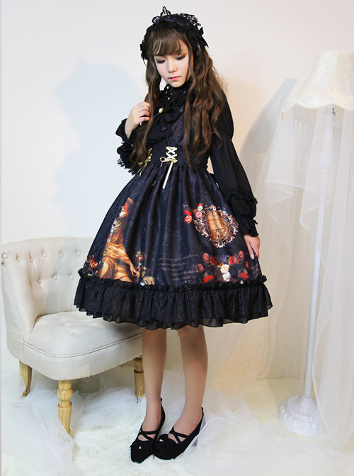 Song Of Time Black Lace-up Retro Classic Lolita Sling Dress