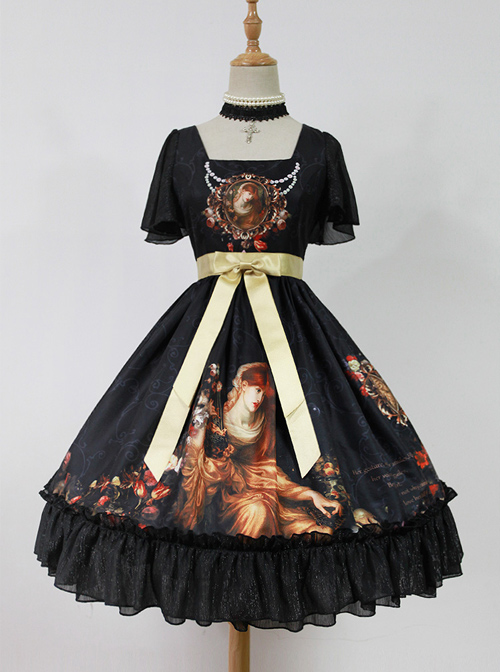 Song Of Time Black Lace-up Retro Classic Lolita Short Sleeve Dress