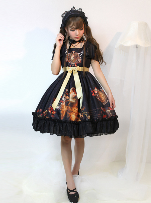 Song Of Time Black Lace-up Retro Classic Lolita Short Sleeve Dress