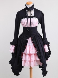 Cotton Black And Pink Sweet Lolita Long Sleeve Maid Dress