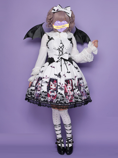 Halloween Dark Bat Coffin Printing Lace Gothic Lolita Sling Dress