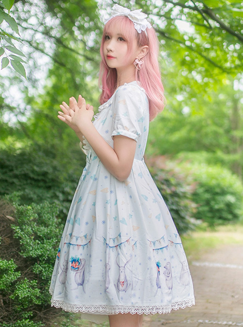 Cute Lop-eared Rabbit Printing Sweet Lolita Short Sleeve Dress