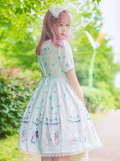 Cute Lop-eared Rabbit Printing Sweet Lolita Short Sleeve Dress