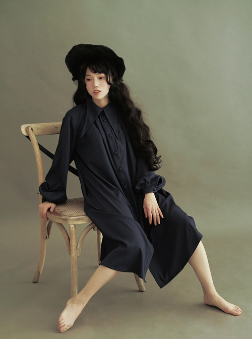 Pointed Collar Retro Puff Sleeves Long Shirt Dress