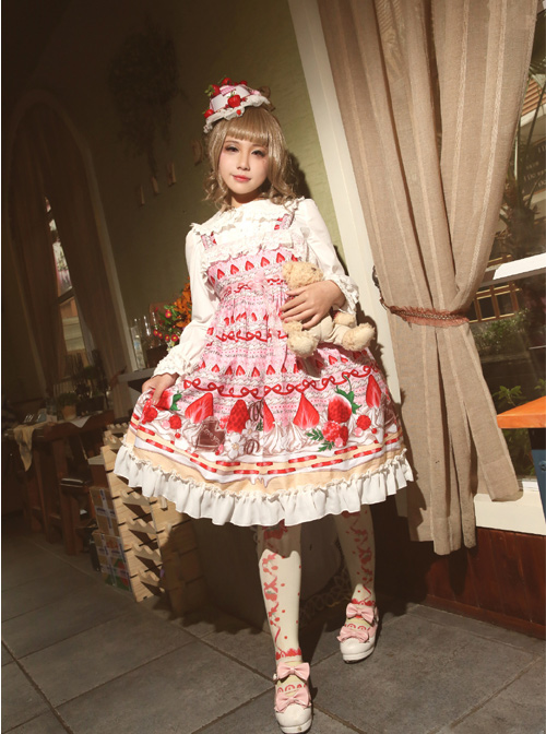 Magic Tea Party Strawberry Chocolate Series High Waist Printing Sweet Lolita Sling Dress