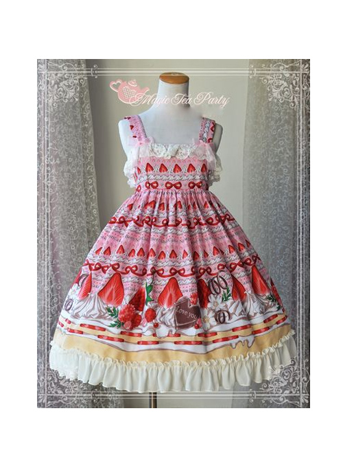 Magic Tea Party Strawberry Chocolate Series High Waist Printing Sweet Lolita Sling Dress