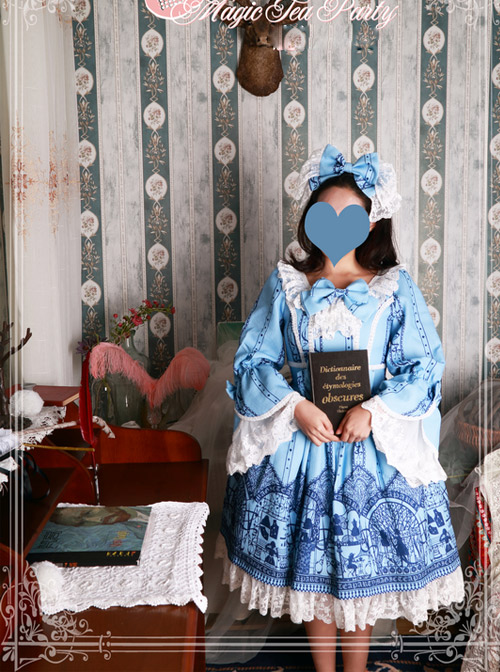 Magic Tea Party Western Style Dress Workshop Series Printing Long Puff Sleeve Classic Lolita Dress