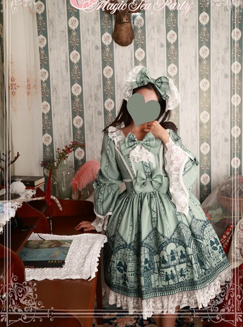 Magic Tea Party Western Style Dress Workshop Series Printing Long Puff Sleeve Classic Lolita Dress