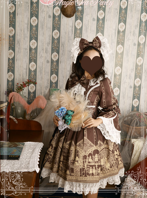 Magic Tea Party Western Style Dress Workshop Series Printing Long Puff Sleeve Classic Lolita Dress