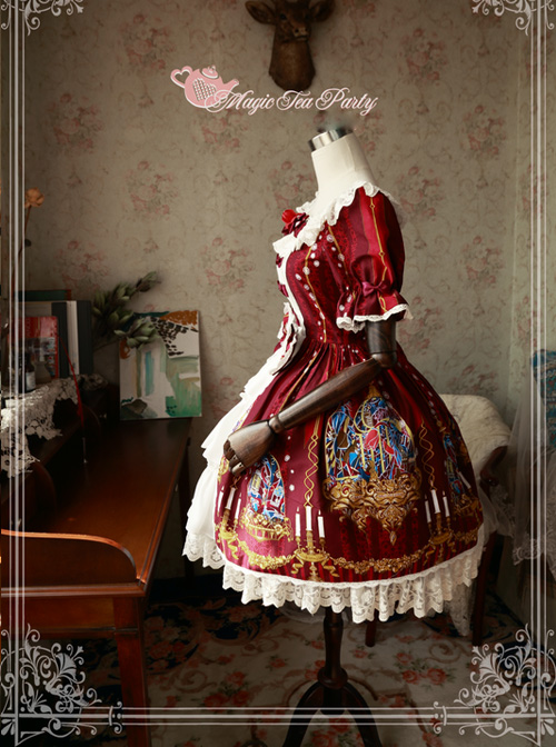 Magic Tea Party Beauty And Beast Series Printing Short Sleeve Sweet Lolita Dress