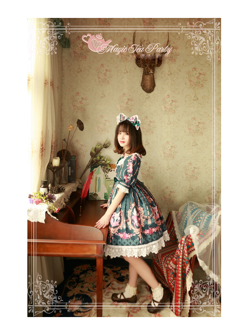 Magic Tea Party Flower Fairy Series Printing Classic Lolita Half Sleeve Dress