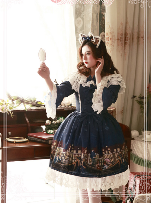 Magic Tea Party Gondola Series Printing Sweet Lolita Trumpet Sleeve Dress