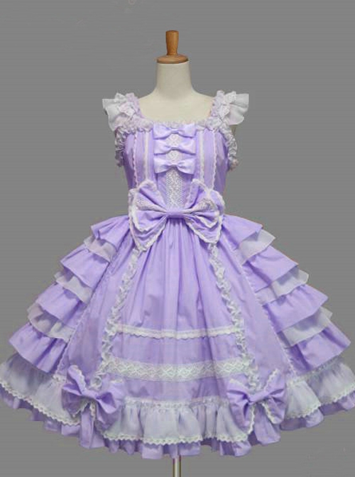 Cotton White Lace Bowknot Blue Sweet Lolita Sling Dress