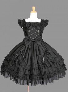 Cotton Black Lace Bowknot Gothic Lolita Sleeveless Dress