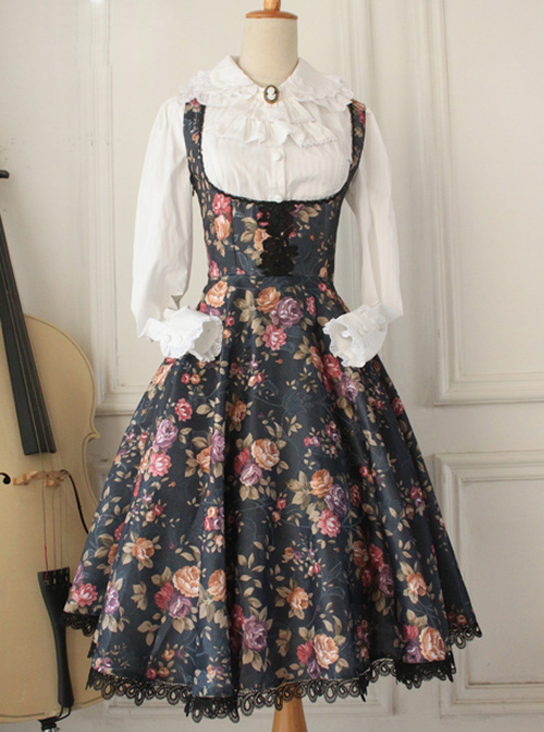 Retro Floral Printing Breast Care White Lace Classic Lolita Dress