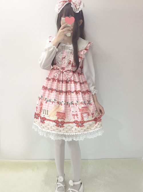 Plaid Strawberry Picnic Rabbit Series Sweet Lolita Sling Dress