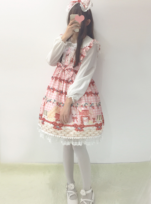 Plaid Strawberry Picnic Rabbit Series Sweet Lolita Sling Dress