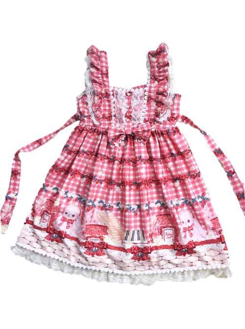 Plaid Strawberry Picnic Rabbit Series Sweet Lolita Sling Dress