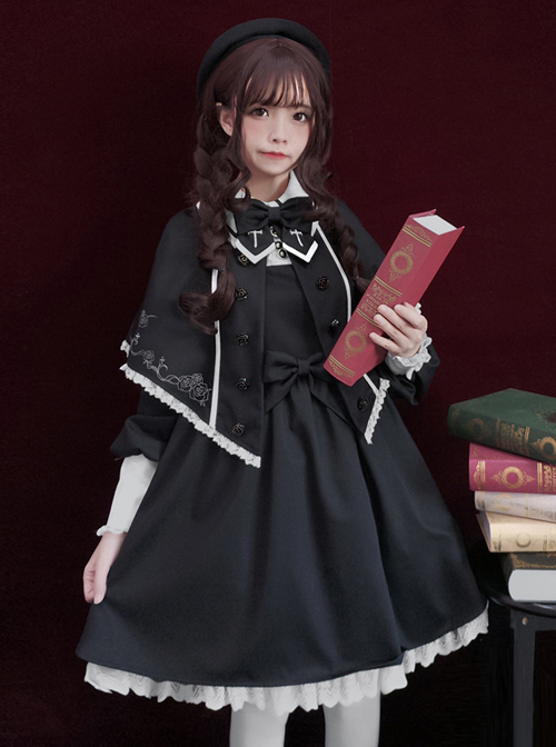 Late autumn Chapel Retro Gothic Lolita Long Sleeves Dress And Shawl