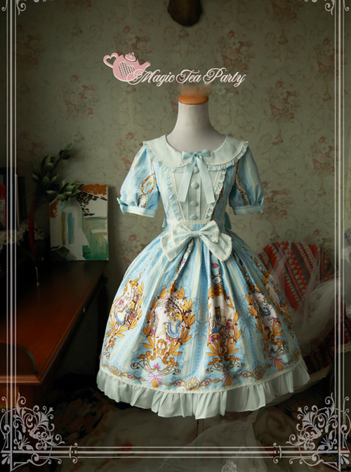 Magic Tea Party Alice Series Printing Sweet Lolita Short Sleeves Dress