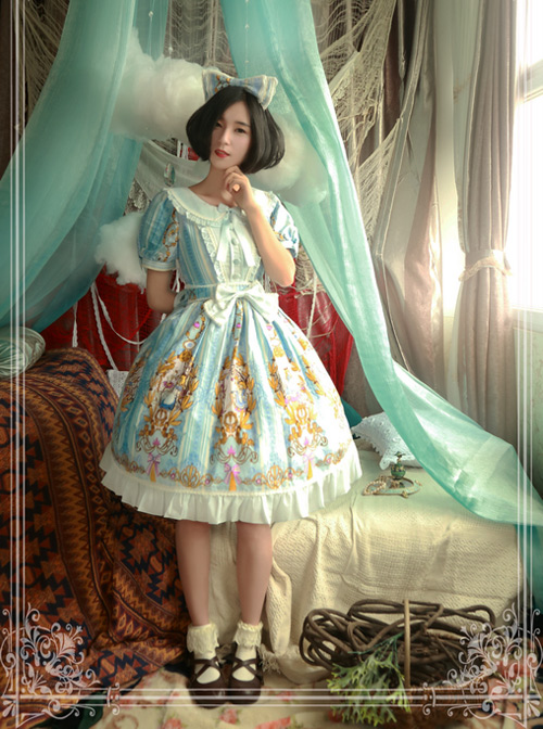 Magic Tea Party Alice Series Printing Sweet Lolita Short Sleeves Dress