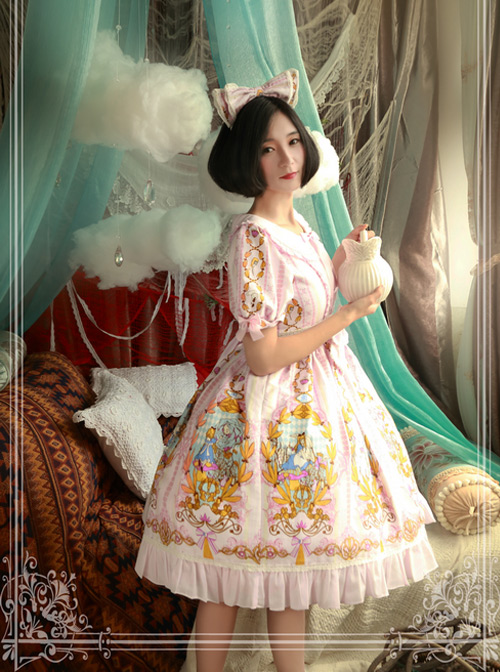 Magic Tea Party Alice Series Printing Sweet Lolita Short Sleeves Dress