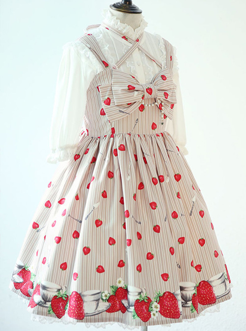 Fashion Strawberry Printing High Waist Light Brown Sweet Lolita Sling Dress