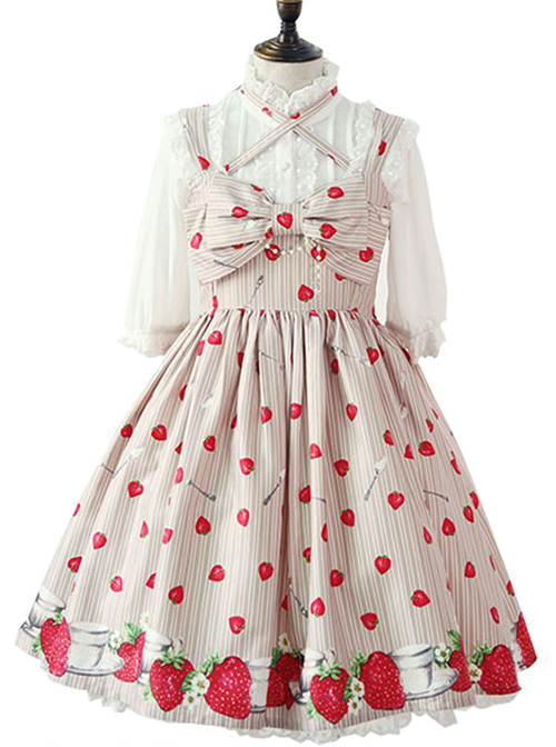 Fashion Strawberry Printing High Waist Light Brown Sweet Lolita Sling Dress