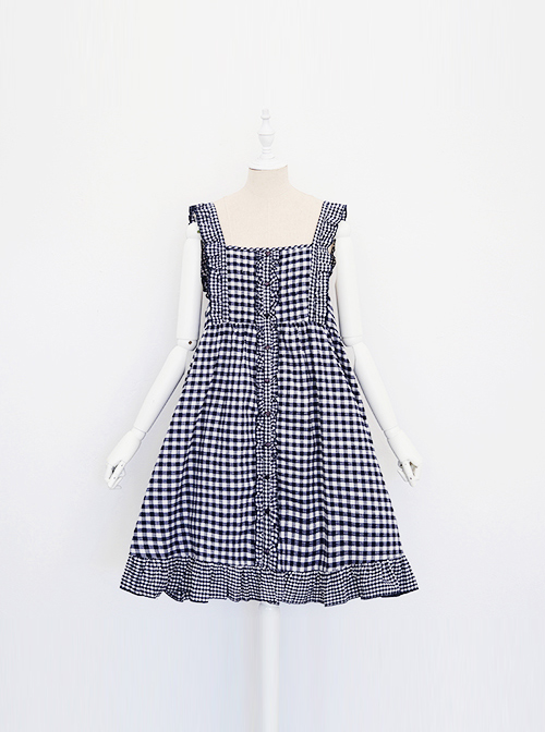 Mori Style Lattice Overskirt Sweet Lolita Sling Dress