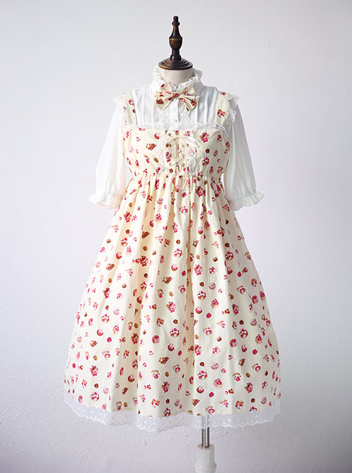 Strawberry Cup Cake Printing High Waist Sweet Lolita Sling Dress