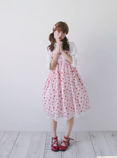 Strawberry Cup Cake Printing High Waist Sweet Lolita Sling Dress