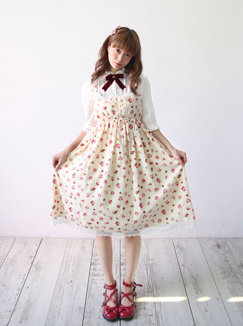 Strawberry Cup Cake Printing High Waist Sweet Lolita Sling Dress